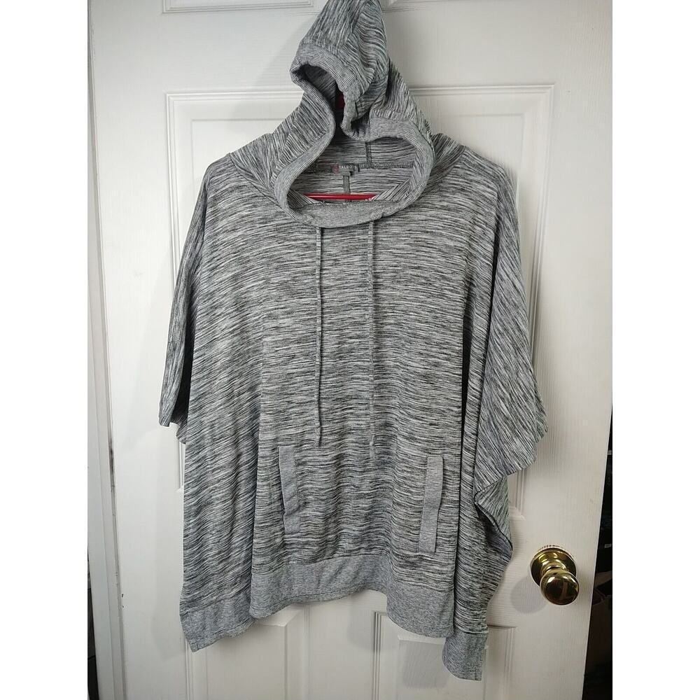 T By Talbots Women OS Hooded Grey Heathered Poncho Kangaroo Pockets